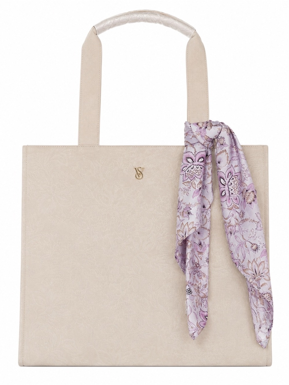 NWT Victoria’s Secret Ivory Floral Embossed Tote Bag with Scarf & Gold Logo